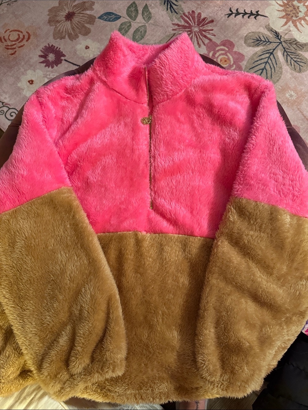 Lilly Pulitzer Pink and Brown Colorblock Teddy Pullover Jacket